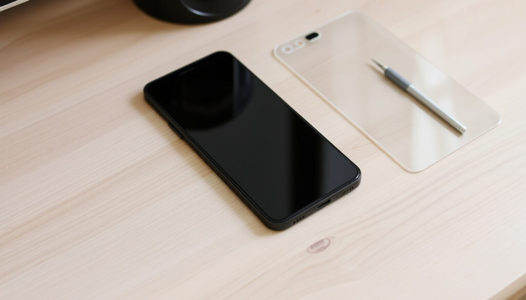 OnePlus 9 Pro -tyylinen älypuhelin kaarevalla näytöllä pöydällä, sen viereen aseteltu suojalasi ja asennustyökalut odottamassa kohdistusta.