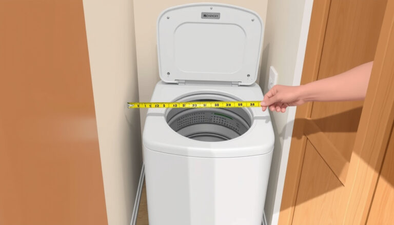 Henkilö mittaa mittanauhalla 40 cm leveän päältä täytettävän pesukoneen leveyttä kapeassa pesuhuoneen tilassa.