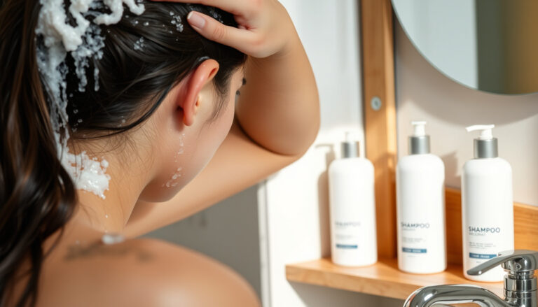 Henkilö pesee hiuksia hieromalla shampoota hiuspohjaan, hyllyllä useita merkitsemättömiä shampoopulloja eri kokoisina.
