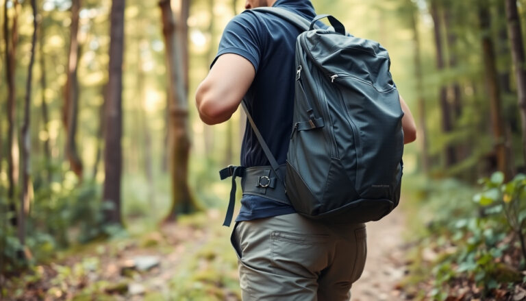 Retkeilijä säätää kuormattua vaellusrinkkaa polulla selkäpaneelin ja lantiovyön kuntoon