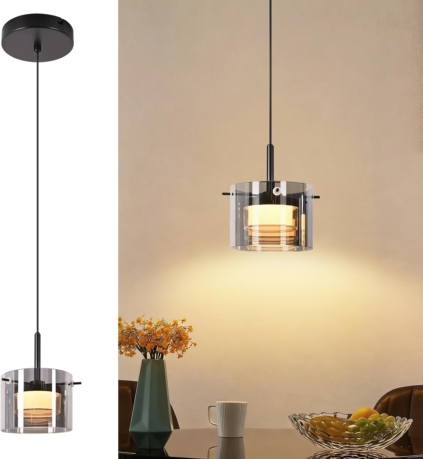 Nettlife 1-lamppuinen LED-lasiriippuvalaisin, moderni kattokruunu säädettävällä korkeudella (140 cm)